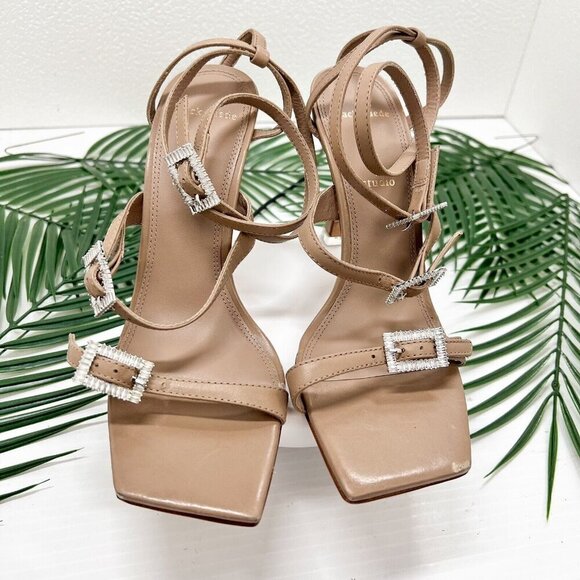 BLACK SUEDE STUDIO Livia Tan Leather Sandals With Crystal Buckles Size 37 - Picture 3 of 13